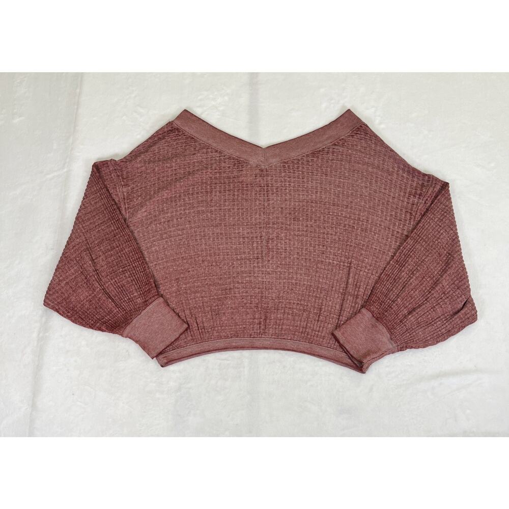 We The Free Shirt Sz Medium Oversized Waffle Knit Maroon V-Neck Long Sleeve FS - Picture 7 of 8